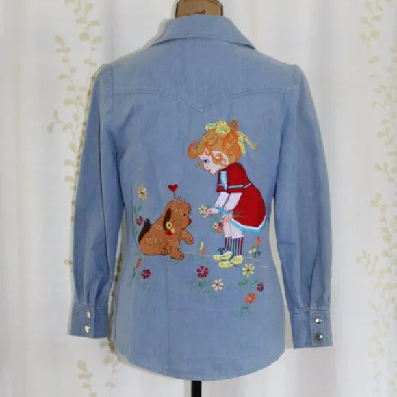 Vtg Penney's International Imports Embroidered Dog Girl Denim Jeans Shirt Set
